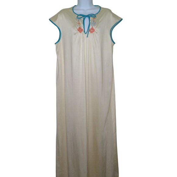 Vintage 70s Peignoir Set Full Length Nylon Nightgown Robe L Embroidery Blue Trim - Picture 13 of 16